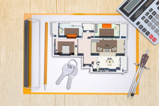 Model plan of flat with folder on wooden table with keys