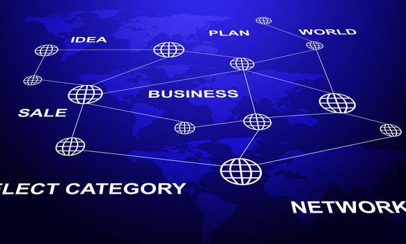 Abstract blue background with world map and business words