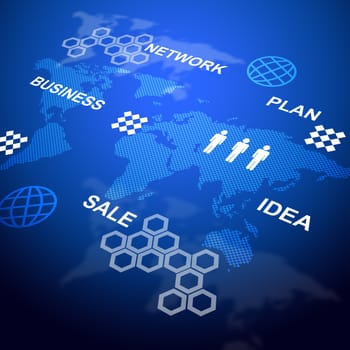 Abstract blue background with world map and business words