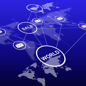 Abstract blue background with world map and business words in circles