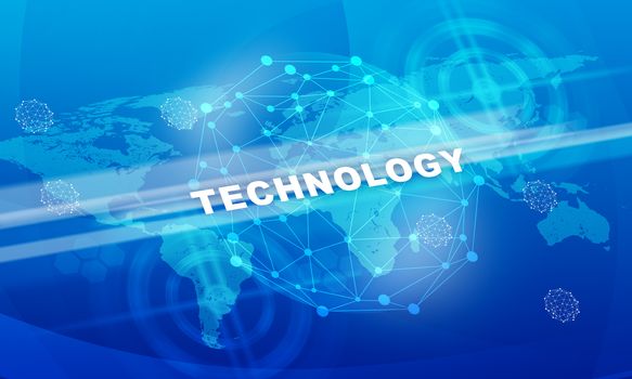 Technology word with world map on abstract blue background