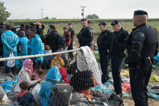 SERBIA, Berkasovo: Police watch over a makeshift refugee camp in the Serbian town of Berkasovo, on the border with Croatia on September 24, 2015. 