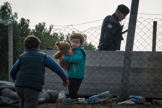 SERBIA, Berkasovo: A child refugee holds a teddy as Middle Eastern refugees crossed fields in the Serbian town of Berkasovo, on the border with Croatia on September 24, 2015. 
