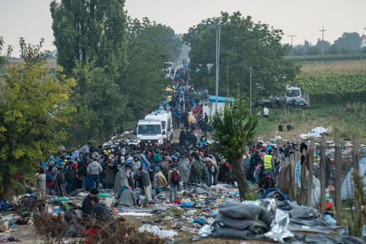 SERBIA, Berkasovo: Middle Eastern refugees leave a makeshift camp in the Serbian town of Berkasovo, on the border with Croatia on September 24, 2015. 