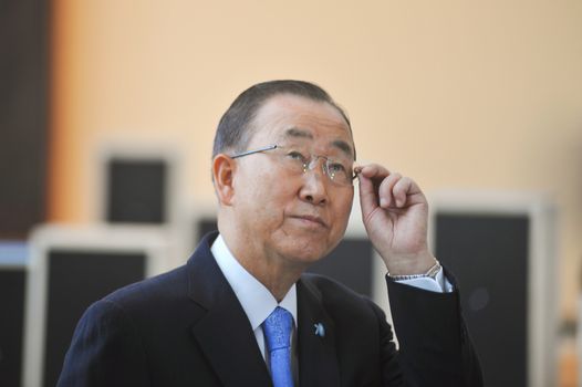 UNITED STATES, New York: Ban Ki-moon watches on as David Beckham calls on world leaders to focus on improving the lives of children in New York on September 24, 2015. Speaking at a Giving Youth a Voice event, Beckham, a goodwill ambassador for Unicef, said children's voices are not being heard. 