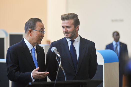 UNITED STATES, New York: David Beckham (r) and Ban Ki-moon (l) call on world leaders to focus on improving the lives of children in New York on September 24, 2015. Speaking at a Giving Youth a Voice event, Beckham, a goodwill ambassador for Unicef, said children's voices are not being heard. 