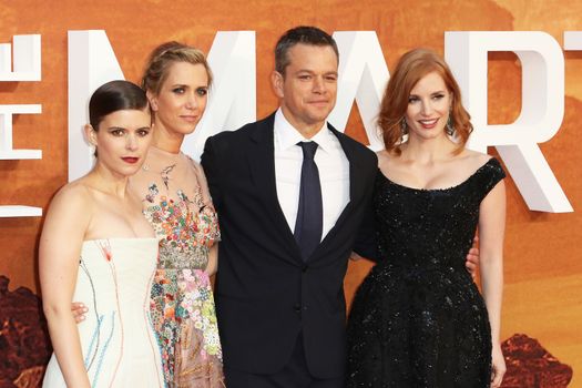 ENGLAND, London: Kate Mara (L), Kristen Wiig (mid L), Matt Damon (mid R) and Jessica Chastain (R) attend the European premiere of The Martian in Leicester Square in London, UK on September 24, 2015