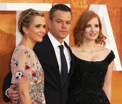 ENGLAND, London: Kristen Wiig (L), Matt Damon (M), Jessica Chastain (R) attend the European premiere of The Martian in Leicester Square in London, UK on September 24, 2015