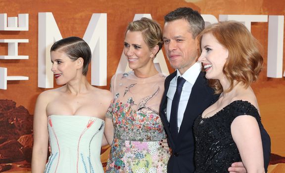 ENGLAND, London: Kate Mara (L), Kristen Wiig (mid L), Matt Damon (mid R) and Jessica Chastain (R) attend the European premiere of The Martian in Leicester Square in London, UK on September 24, 2015