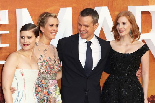 ENGLAND, London: Kate Mara (L), Kristen Wiig (mid L), Matt Damon (mid R) and Jessica Chastain (R) attend the European premiere of The Martian in Leicester Square in London, UK on September 24, 2015