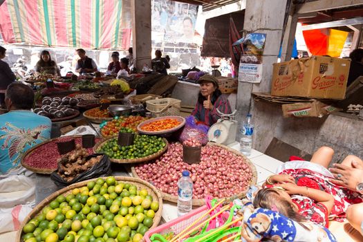 SULAWESI, INDONESIA - AUGUST 8.2015:, Traditional Marketplace with local fruit and vegetables in Tomohon City, Sulawesi,August 8. 2015 Sulawesi, Indonesia.