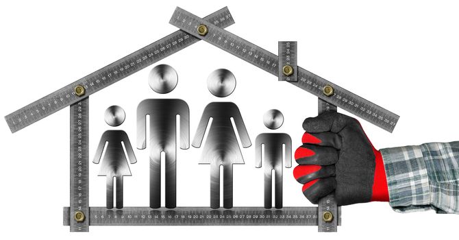 Hand with work glove holding a metal meter ruler in the shape of house with symbol of a family. Isolated on white. Concept of house project 
