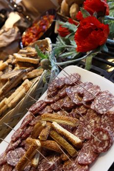 plate with slices of salami and bread sticks