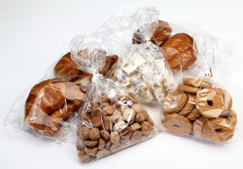 cookies, pastries, and other sweet preserved in cellophane bags for food