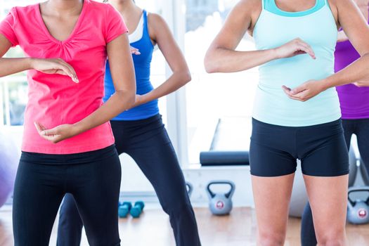 Midsection of women doing exercise in fitness studio