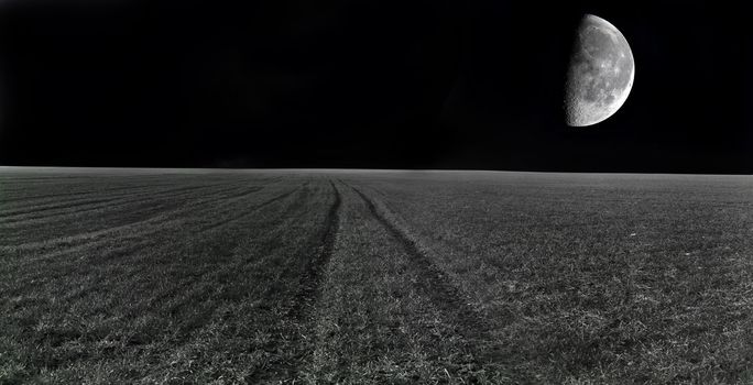 Night on field image. Moon over the field.