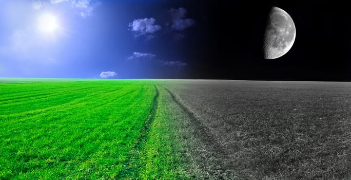 Day and night conceptual image. Green field in day and night.