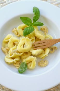 Homemade Meat Cappelletti with Mustard Sauce and Basil in White Plate with Wooden Fork closeup on Wicker background