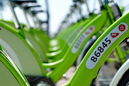 BUDAPEST, HUNGARY - JUNE 01 2014:New Budapest bike hire called "BUBI".Many cities around the world have bicycle sharing systems or community bicycle programs.