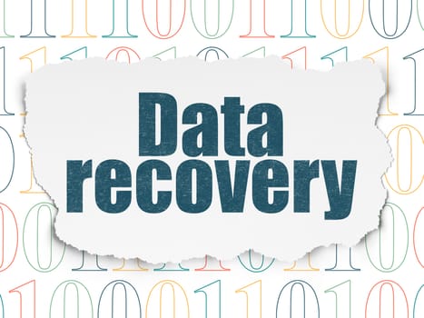 Information concept: Painted blue text Data Recovery on Torn Paper background with  Binary Code, 3d render