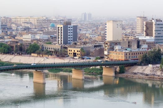 IRAQ, Baghdad: Aerial stock shots of the city of Baghdad, showing two of the main mosques, residential complexes and the Tigris River and bridges, photographed by Rasoul Ali on September 21, 2015. 