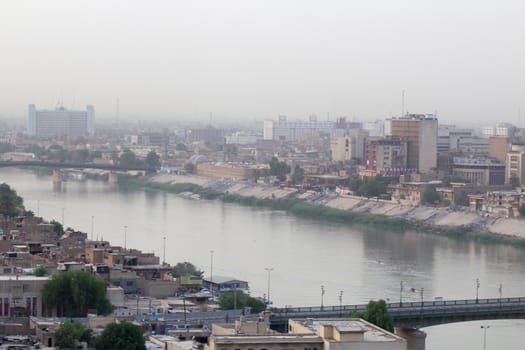 IRAQ, Baghdad: Aerial stock shots of the city of Baghdad, showing two of the main mosques, residential complexes and the Tigris River and bridges, photographed by Rasoul Ali on September 21, 2015. 