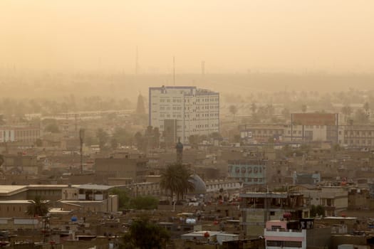 IRAQ, Baghdad: Aerial stock shots of the city of Baghdad, showing two of the main mosques, residential complexes and the Tigris River and bridges, photographed by Rasoul Ali on September 21, 2015. 