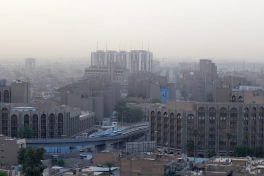 IRAQ, Baghdad: Aerial stock shots of the city of Baghdad, showing two of the main mosques, residential complexes and the Tigris River and bridges, photographed by Rasoul Ali on September 21, 2015. 