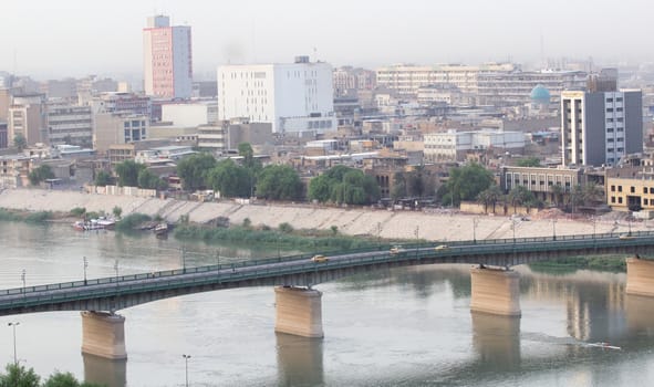 IRAQ, Baghdad: Aerial stock shots of the city of Baghdad, showing two of the main mosques, residential complexes and the Tigris River and bridges, photographed by Rasoul Ali on September 21, 2015. 