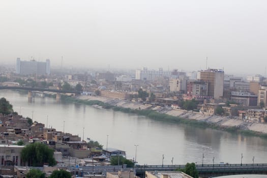 IRAQ, Baghdad: Aerial stock shots of the city of Baghdad, showing two of the main mosques, residential complexes and the Tigris River and bridges, photographed by Rasoul Ali on September 21, 2015. 