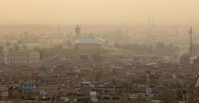 IRAQ, Baghdad: Aerial stock shots of the city of Baghdad, showing two of the main mosques, residential complexes and the Tigris River and bridges, photographed by Rasoul Ali on September 21, 2015. 