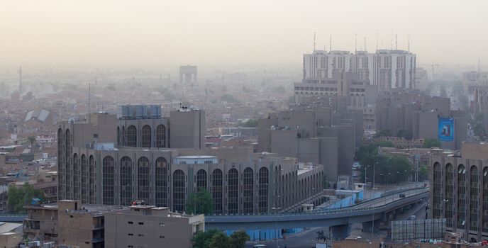 IRAQ, Baghdad: Aerial stock shots of the city of Baghdad, showing two of the main mosques, residential complexes and the Tigris River and bridges, photographed by Rasoul Ali on September 21, 2015. 