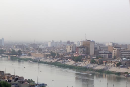 IRAQ, Baghdad: Aerial stock shots of the city of Baghdad, showing two of the main mosques, residential complexes and the Tigris River and bridges, photographed by Rasoul Ali on September 21, 2015. 