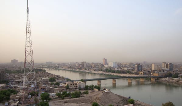 IRAQ, Baghdad: Aerial stock shots of the city of Baghdad, showing two of the main mosques, residential complexes and the Tigris River and bridges, photographed by Rasoul Ali on September 21, 2015. 