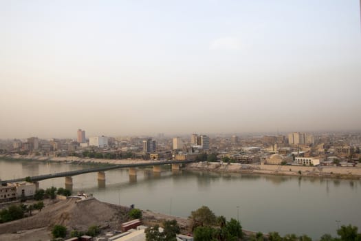IRAQ, Baghdad: Aerial stock shots of the city of Baghdad, showing two of the main mosques, residential complexes and the Tigris River and bridges, photographed by Rasoul Ali on September 21, 2015. 