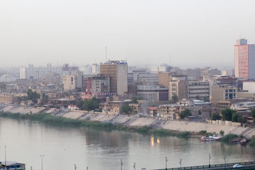 IRAQ, Baghdad: Aerial stock shots of the city of Baghdad, showing two of the main mosques, residential complexes and the Tigris River and bridges, photographed by Rasoul Ali on September 21, 2015. 