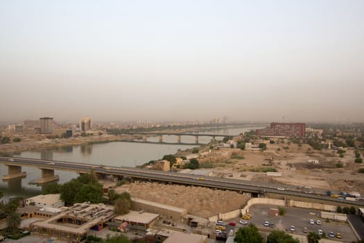 IRAQ, Baghdad: Aerial stock shots of the city of Baghdad, showing two of the main mosques, residential complexes and the Tigris River and bridges, photographed by Rasoul Ali on September 21, 2015. 