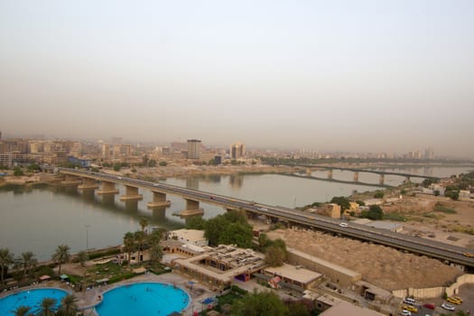 IRAQ, Baghdad: Aerial stock shots of the city of Baghdad, showing two of the main mosques, residential complexes and the Tigris River and bridges, photographed by Rasoul Ali on September 21, 2015. 