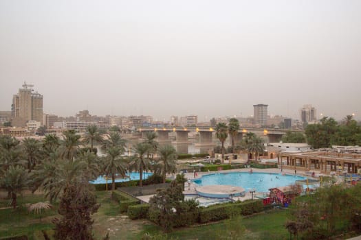 IRAQ, Baghdad: Aerial stock shots of the city of Baghdad, showing two of the main mosques, residential complexes and the Tigris River and bridges, photographed by Rasoul Ali on September 21, 2015. 