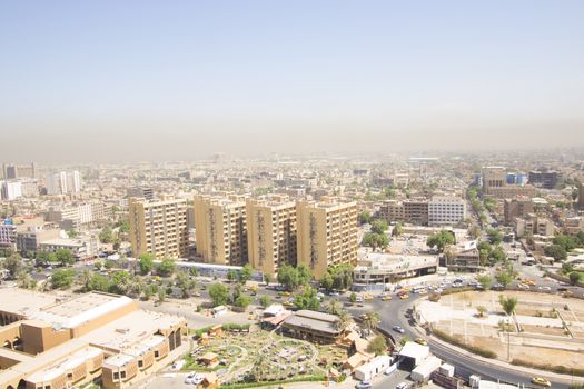 IRAQ, Baghdad: Aerial stock shots of the city of Baghdad, showing two of the main mosques, residential complexes and the Tigris River and bridges, photographed by Rasoul Ali on September 21, 2015. 