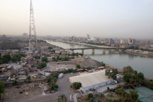 IRAQ, Baghdad: Aerial stock shots of the city of Baghdad, showing two of the main mosques, residential complexes and the Tigris River and bridges, photographed by Rasoul Ali on September 21, 2015. 