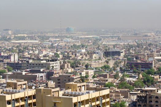 IRAQ, Baghdad: Aerial stock shots of the city of Baghdad, showing two of the main mosques, residential complexes and the Tigris River and bridges, photographed by Rasoul Ali on September 21, 2015. 