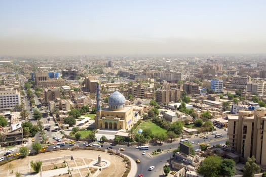 IRAQ, Baghdad: Aerial stock shots of the city of Baghdad, showing two of the main mosques, residential complexes and the Tigris River and bridges, photographed by Rasoul Ali on September 21, 2015. 