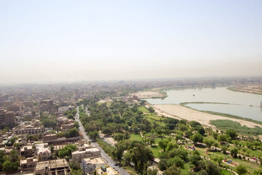 IRAQ, Baghdad: Aerial stock shots of the city of Baghdad, showing two of the main mosques, residential complexes and the Tigris River and bridges, photographed by Rasoul Ali on September 21, 2015. 