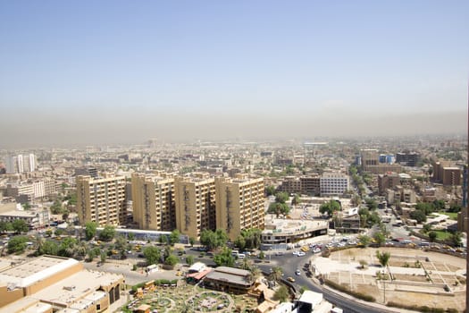 IRAQ, Baghdad: Aerial stock shots of the city of Baghdad, showing two of the main mosques, residential complexes and the Tigris River and bridges, photographed by Rasoul Ali on September 21, 2015. 