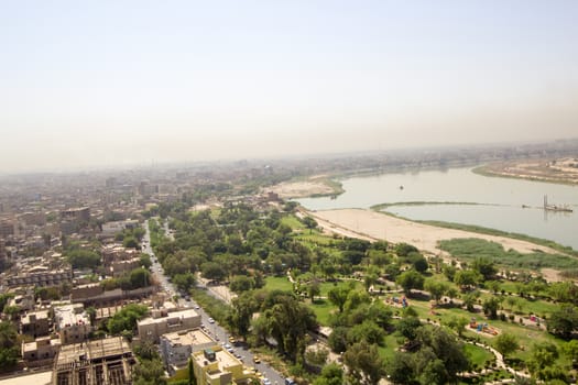 IRAQ, Baghdad: Aerial stock shots of the city of Baghdad, showing two of the main mosques, residential complexes and the Tigris River and bridges, photographed by Rasoul Ali on September 21, 2015. 