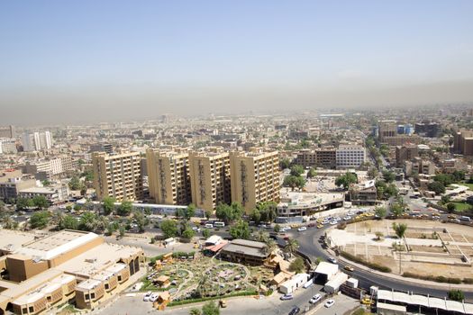 IRAQ, Baghdad: Aerial stock shots of the city of Baghdad, showing two of the main mosques, residential complexes and the Tigris River and bridges, photographed by Rasoul Ali on September 21, 2015. 