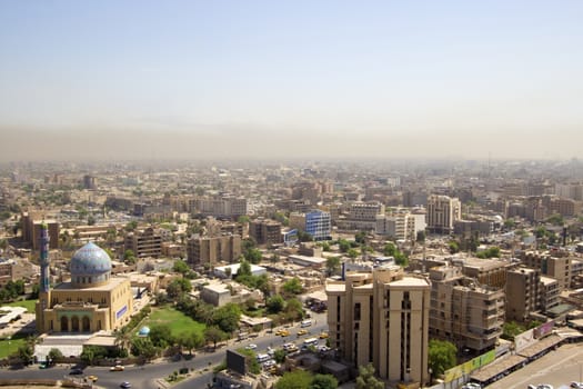 IRAQ, Baghdad: Aerial stock shots of the city of Baghdad, showing two of the main mosques, residential complexes and the Tigris River and bridges, photographed by Rasoul Ali on September 21, 2015. 