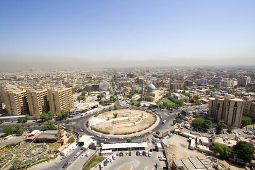 IRAQ, Baghdad: Aerial stock shots of the city of Baghdad, showing two of the main mosques, residential complexes and the Tigris River and bridges, photographed by Rasoul Ali on September 21, 2015. 