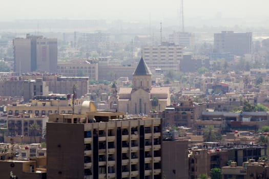 IRAQ, Baghdad: Aerial stock shots of the city of Baghdad, showing two of the main mosques, residential complexes and the Tigris River and bridges, photographed by Rasoul Ali on September 21, 2015. 